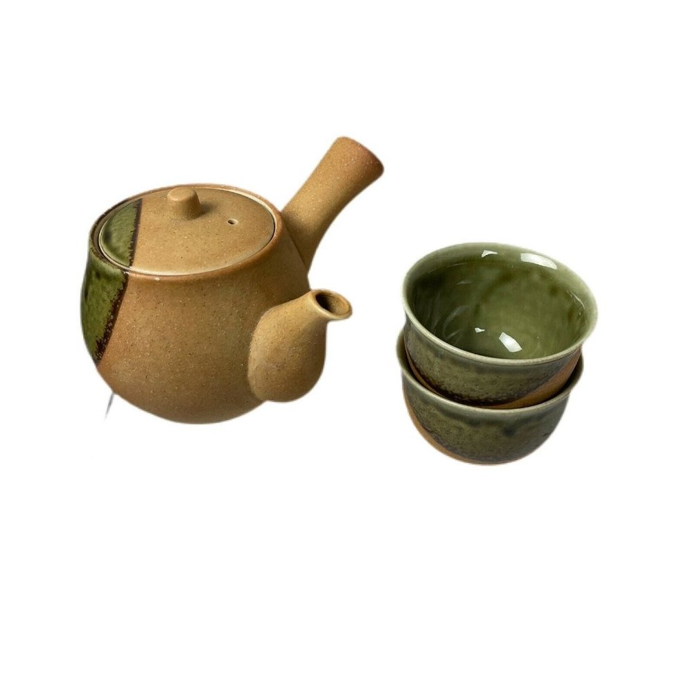 3 pc Ceramic Tea Pot Kettle W/ @ cups Brown with Green Glaze